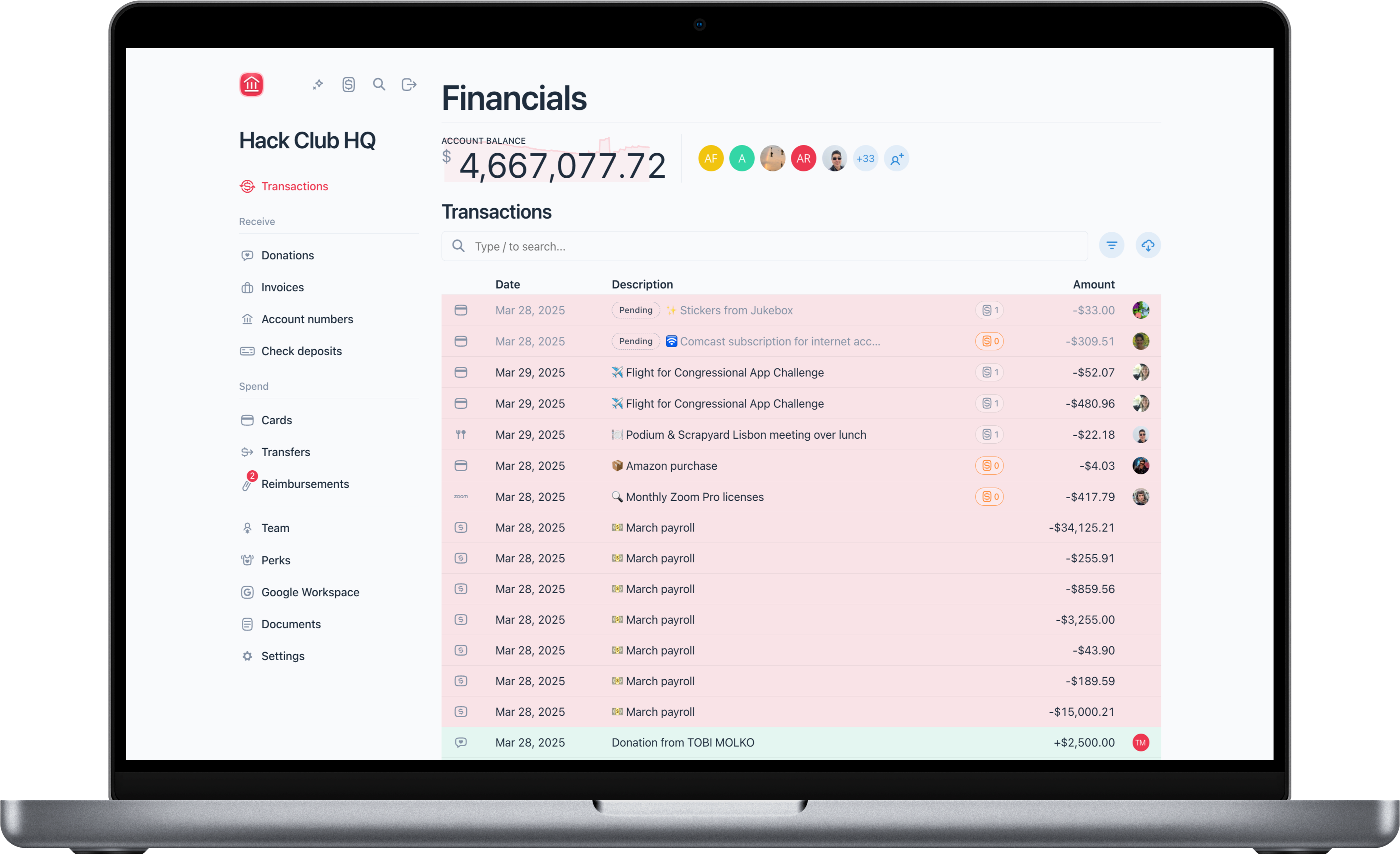 HCB's user interface showing Hack Club HQ's transactions